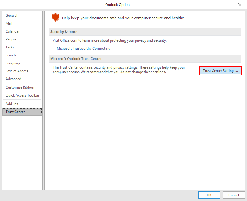 Click Trust Center Settings