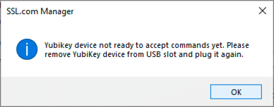 O dispositivo Yubikey ainda não está pronto para aceitar comandos.