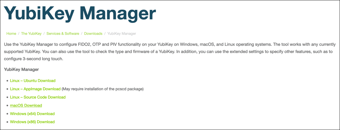 Page de téléchargement de YubiKey Manager