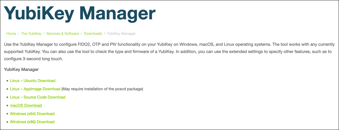 Strona pobierania YubiKey Manager