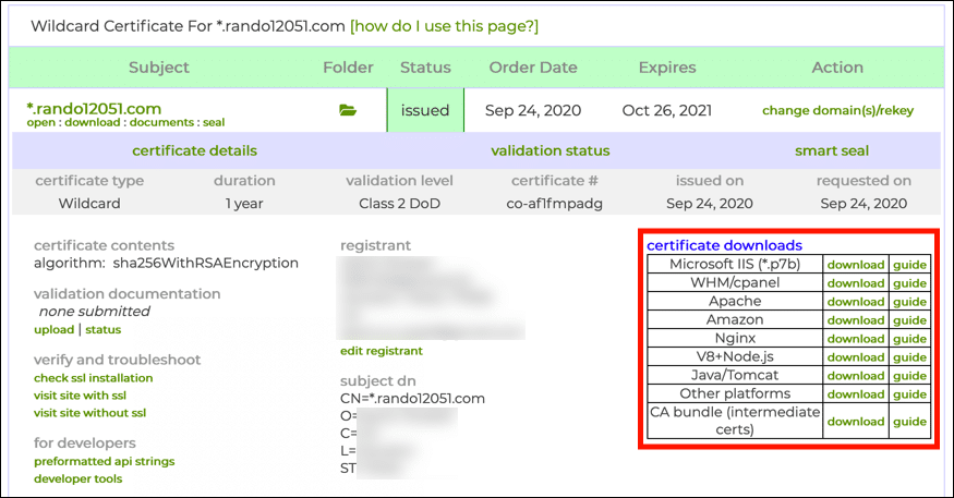 Liens de téléchargement de certificat