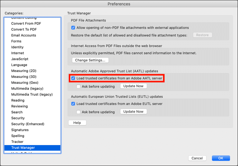 Carica certificati attendibili da un server Adobe AATL