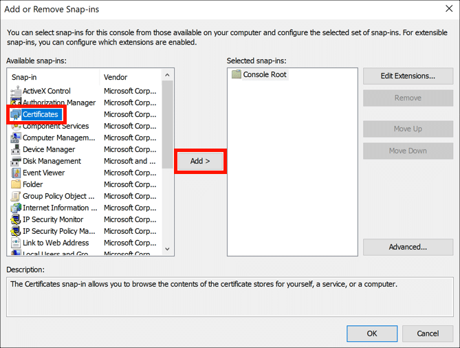 Snap-In für Zertifikate hinzufügen