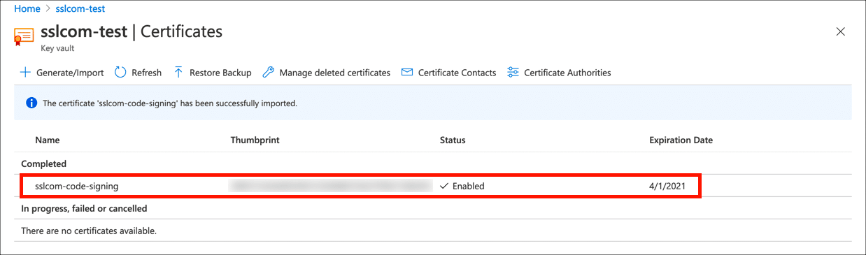 Certificat dans le coffre-fort de clés