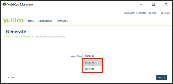 Sélection de clé YubiKey Manager