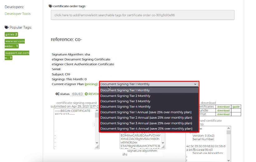 Scroll naar beneden op de pagina om het vak te vinden waar u uw eSigner Tier-aanduiding kunt aanpassen