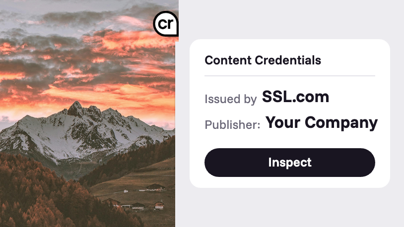 Content Credentials panel showing Issued by SSL.com and Publisher Your Company