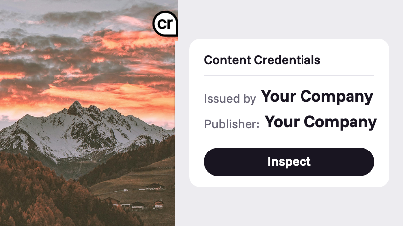 Content Credentials panel showing Issued by Your Company and Publisher Your Company